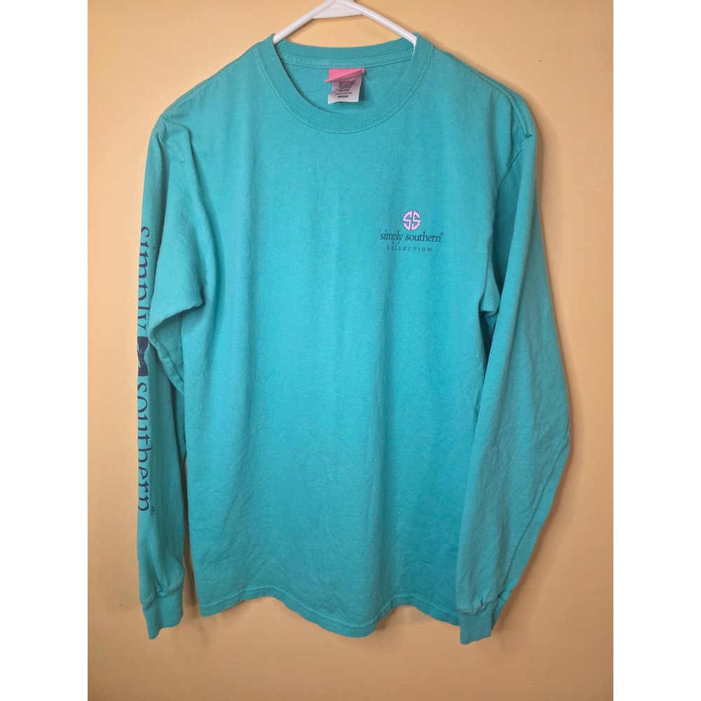 Simply Southern Teal Blue Long Sleeve Dog Graphic Tee Floral Puppy Medium